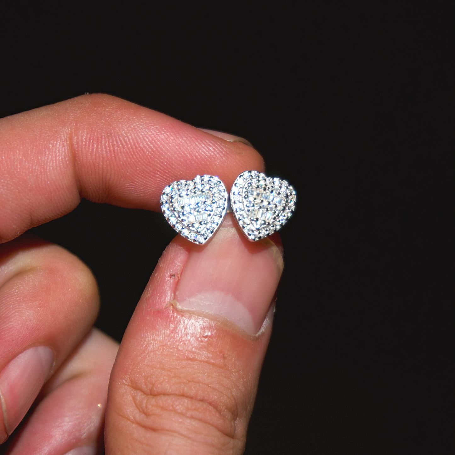 Heart Baguette Earrings - White Gold